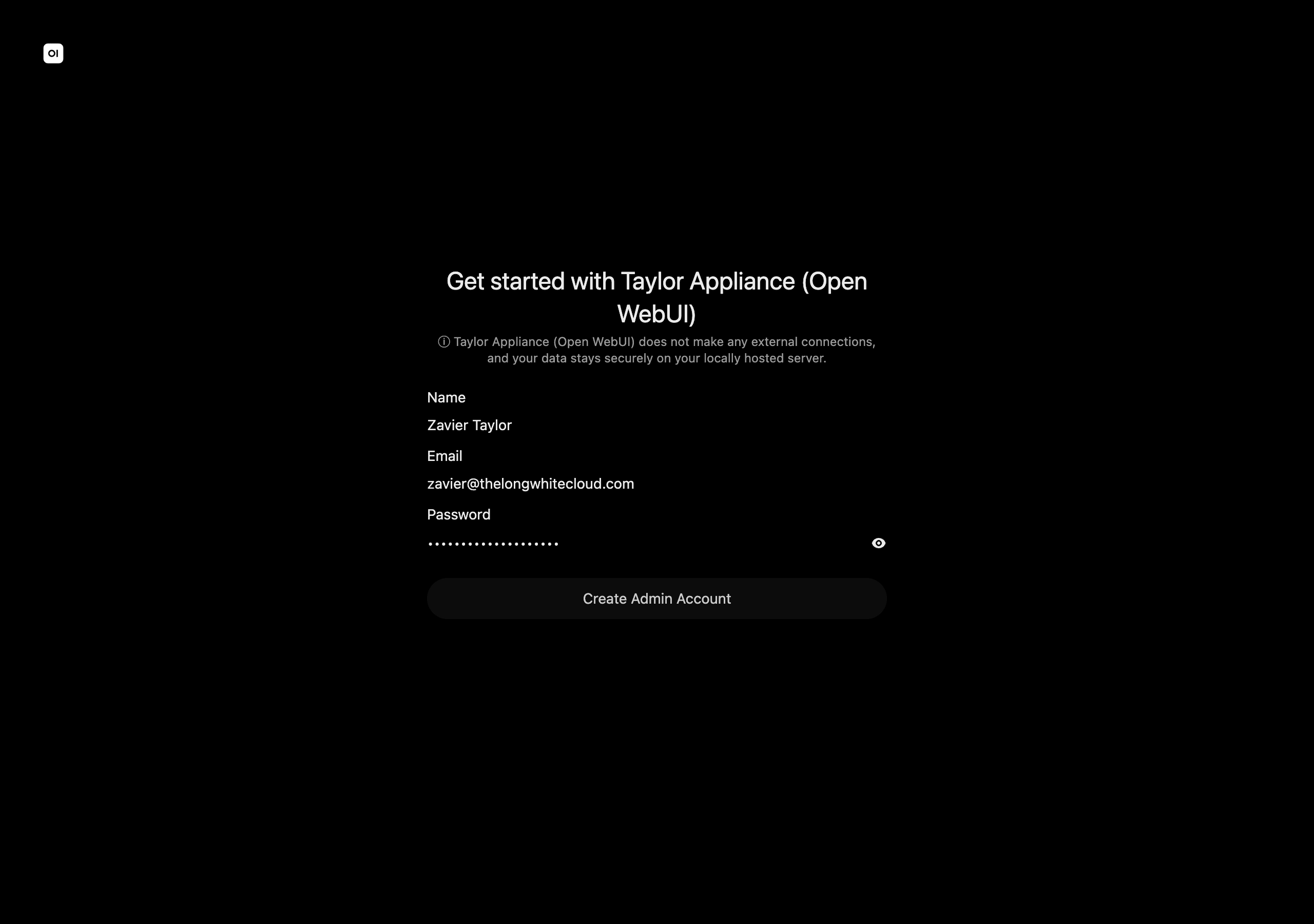 Creating the first account on the appliance